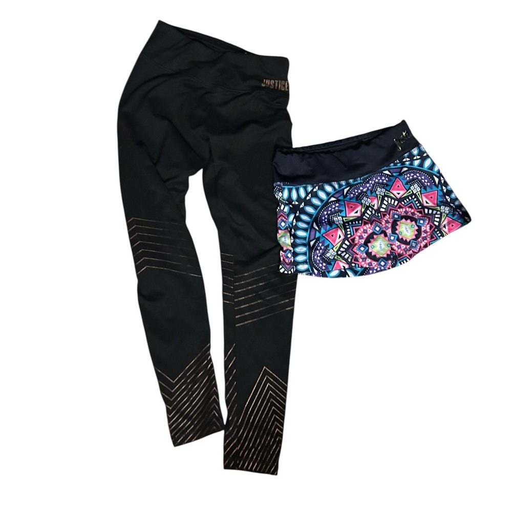 Justice Black Leggings with Colorful Geometric Skirt